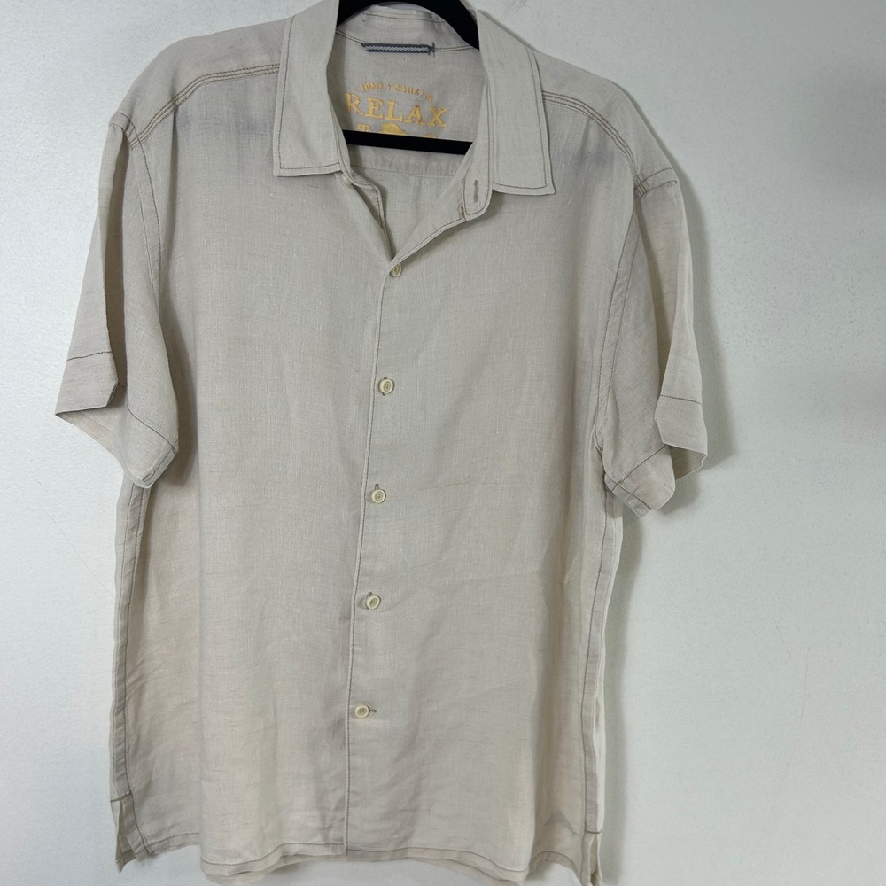 Tommy Bahama Relax Linen Button Up Short Sleeve‎ Camp Shirt Beige Large